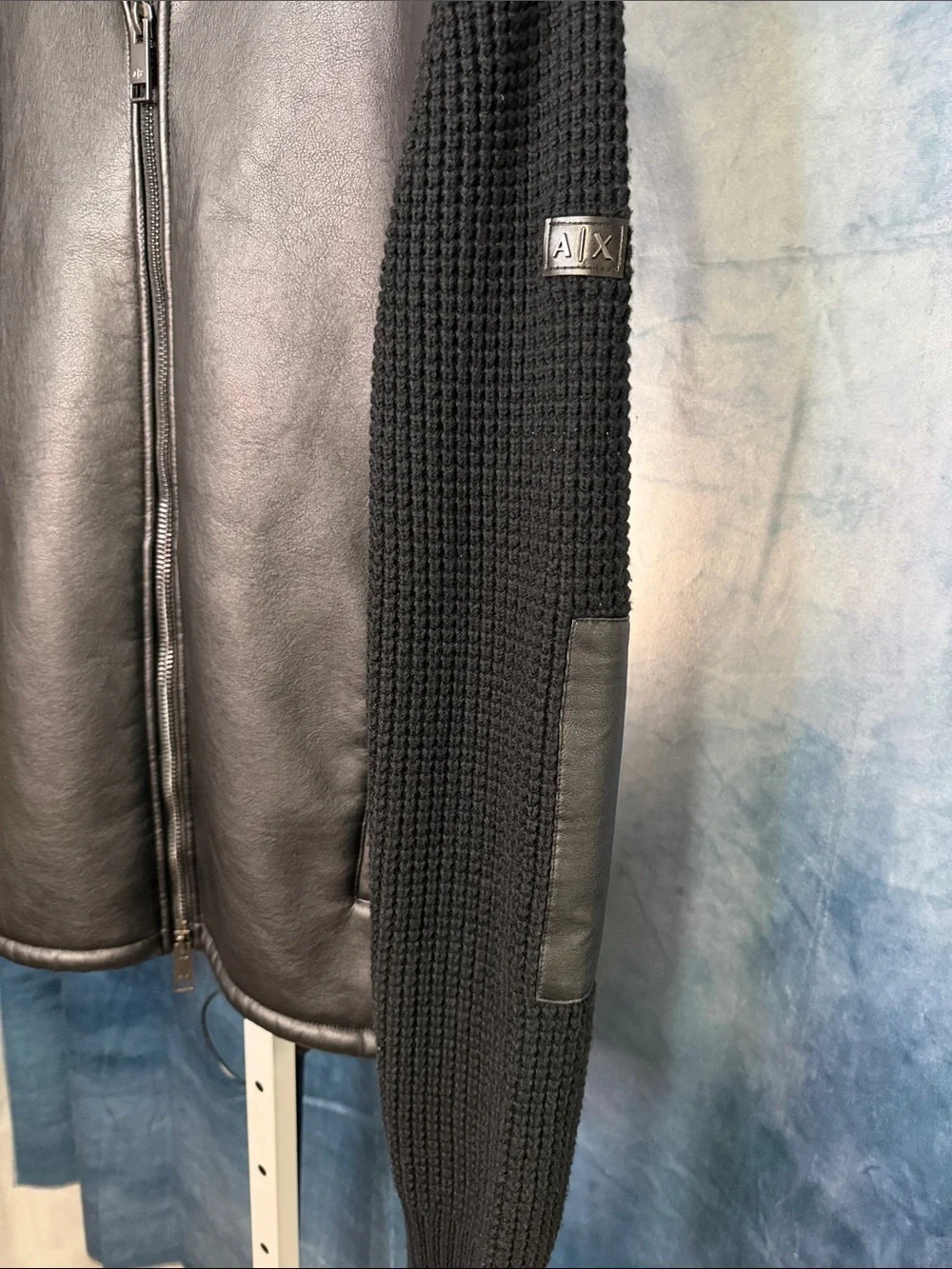 A/X Armani Exchange Black Leather-Front Knit Zip-Up Sweater Size Medium
